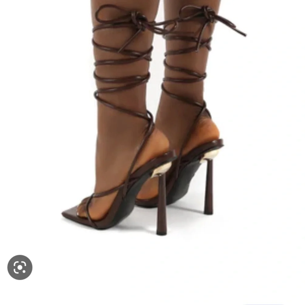 Lacey Chocolate Square Toe Strappy Lace Up Heels - US 7 - Picture 3 of 4